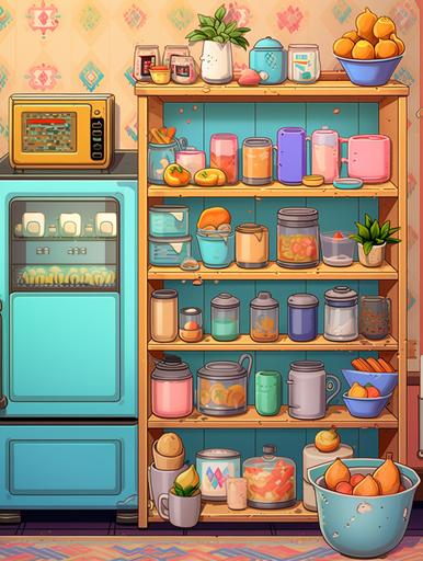 8-bit pixel art of pantry with blue and yellow wallpaper and a collection of cups and dishes, in the style of light turquoise and orange, bold color usage, pictorial fabrics, light yellow and light magenta, nature-based patterns, bold lines, vibrant color, wallpaper --ar 3:4 --upbeta
