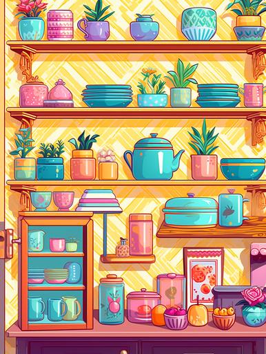 8-bit pixel art of pantry with blue and yellow wallpaper and a collection of cups and dishes, in the style of light turquoise and orange, bold color usage, pictorial fabrics, light yellow and light magenta, nature-based patterns, bold lines, vibrant color, wallpaper --ar 3:4 --upbeta