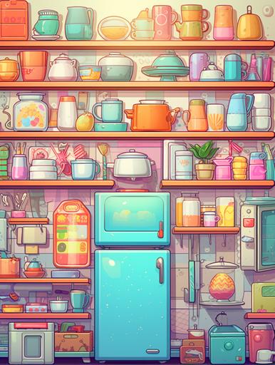 8-bit pixel art of pantry with blue and yellow wallpaper and a collection of cups and dishes, in the style of light turquoise and orange, bold color usage, pictorial fabrics, light yellow and light magenta, nature-based patterns, bold lines, vibrant color, wallpaper --ar 3:4