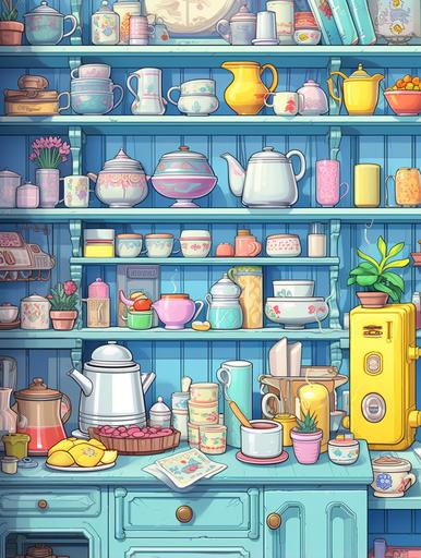 8-bit pixel art of pantry with blue and yellow wallpaper and a collection of cups and dishes, in the style of light turquoise and orange, bold color usage, pictorial fabrics, light yellow and light magenta, nature-based patterns, bold lines, vibrant color, wallpaper --ar 3:4