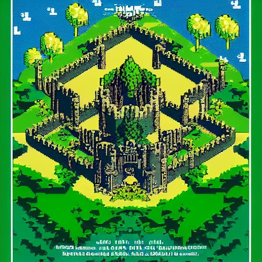 8-bit video game castle with moat, surrounded by trees and flowers and grass, blue 8-bit sky, 8-bit fugitive warrior sprite, nintendo, mystical fantasy --test --creative --upbeta --upbeta