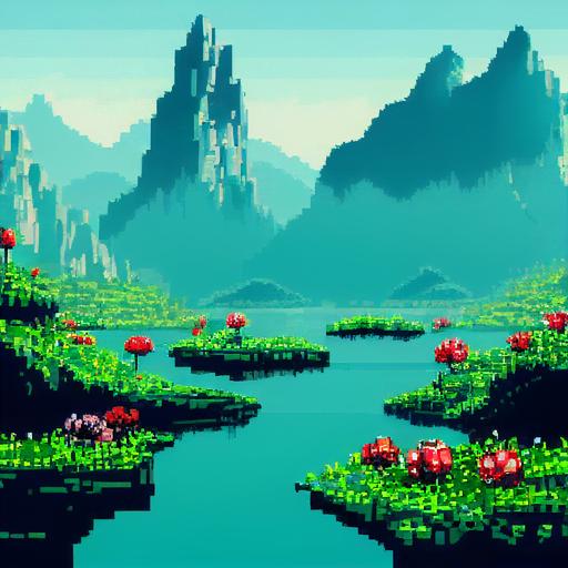 8-bit video game lake surrounded by mountains, 8-bit flowers and grass, nintendo, mystical fantasy --test --creative --upbeta