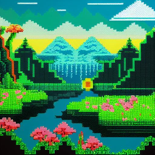8-bit video game lake surrounded by mountains, 8-bit flowers and grass, nintendo, mystical fantasy --test --creative --upbeta --upbeta