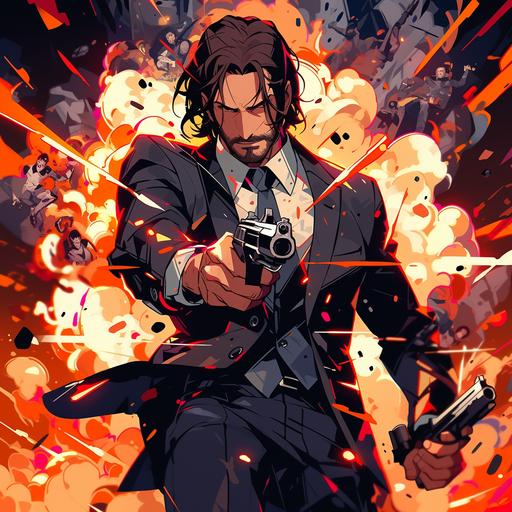 8-bit video game poster, john wick standing up dressed with black and white suit, aiming, gun, fire blast, bullet gun --s 750 --niji 5