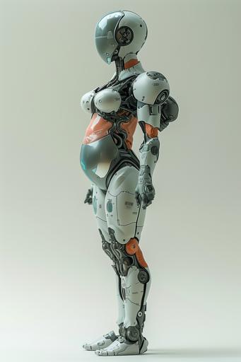 8 head proportions, mother-type humanoid about to give birth, extremely distended abdomen made of highly contractible material, tiny head is a small display showing graphs, full body shot, 45 degree angle, head to toe in frame, pure white background, simple Metalic silver and blue color Wetsuit, Tamiya Militari miniatures package design style, medium telephoto lens package design style, shot with medium telephoto lens, 32K --ar 2:3 --s 750 --v 6.0 --style raw