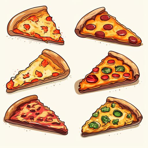 8 type of cartoon slice pizza in white background