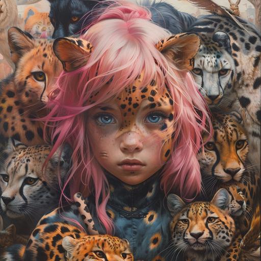 8 year old ninja girl with pink hair and cheetah marks on side of face with cheetah ears surrounded by all the animals in the world