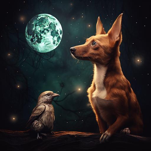 Beni the podenco dog meets a wise old owl at night under the moons glow