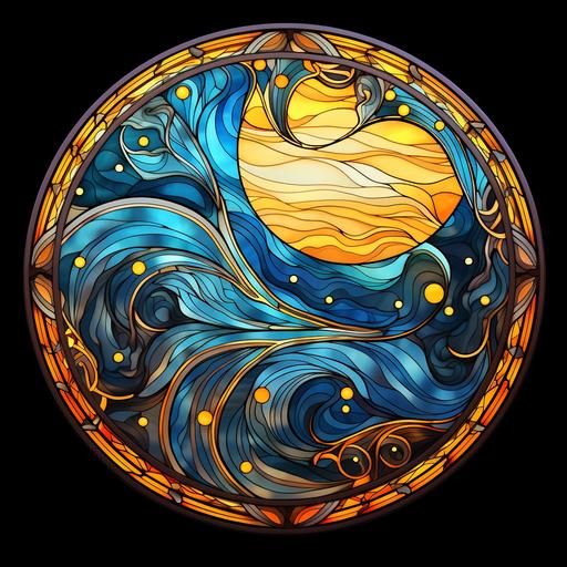 Round stained glass window in Art Nouveau style with a geometric pattern. Movement of the sun and moon. 4K resolution