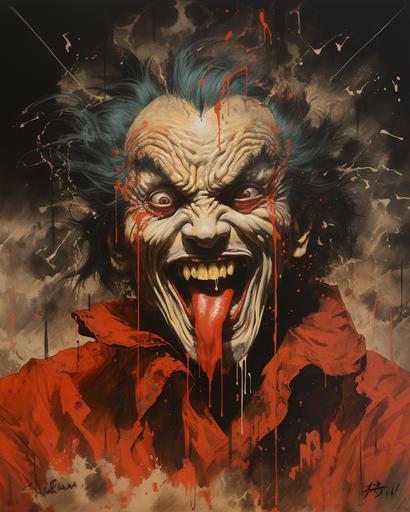 IT the clown, scary dark background, raining outside, Japanese vintage poster, 1980s, art style of John Buscema --ar 4:5 --s 750 --v 5.2