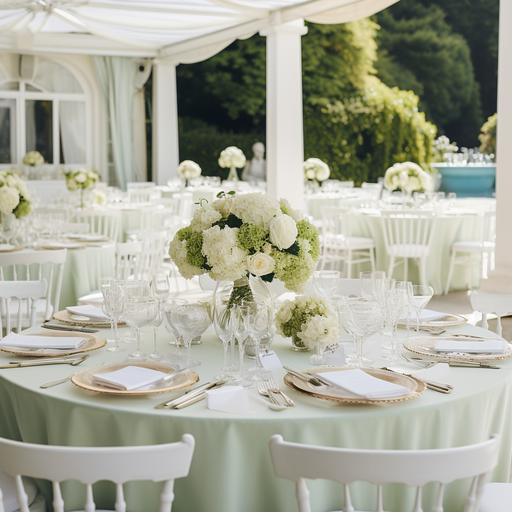 a white villa with a wedding set up. Round tables decored with white peonies and hydrangeas, light green table cloth