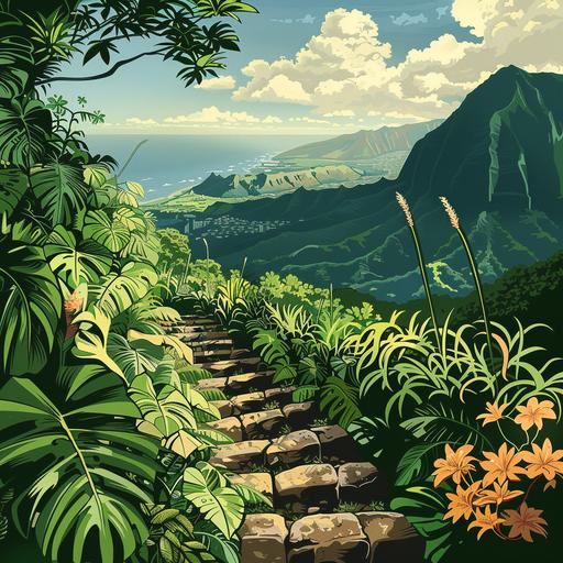midcentury travel poster, cartoon, Stairway to heaven hike Oahu Hawaii