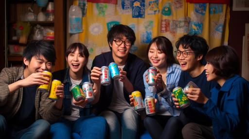 Create an image of seven Japanese young adults, three men and four women, all aged 25, in a lively and joyful scene. They should be laughing and holding bright blue beer cans, emphasizing the cans' vivid blue color. The scene should convey happiness and camaraderie among friends. Ensure the image is in a horizontal format with a 16:9 aspect ratio. Focus on the bright blue beer cans in their hands. --ar 16:9 --v 5.0