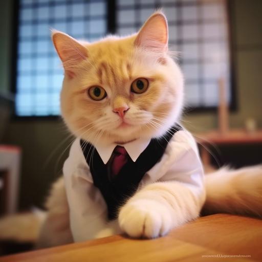Please modify an uploaded image of a cat by keeping the cat's face as it is. Transform the cat to stand upright on two legs in a human-like posture, as if it's anthropomorphized. Dress the cat in a traditional Japanese high school uniform, specifically a 'gakuran.' The gakuran should be tailored to fit the cat's body, featuring its iconic black jacket with a stand-up collar and gold buttons. The overall appearance should be playful and whimsical, capturing the unique blend of a cat's charm with the formal, distinctive style of a Japanese high school student's uniform