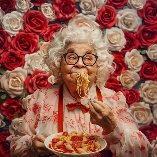 hyper realistic picture of a cute, chubby and cool italian grandma with round glasses and light rose outfit, eating pastas in front of a fake red and white roses flower wall