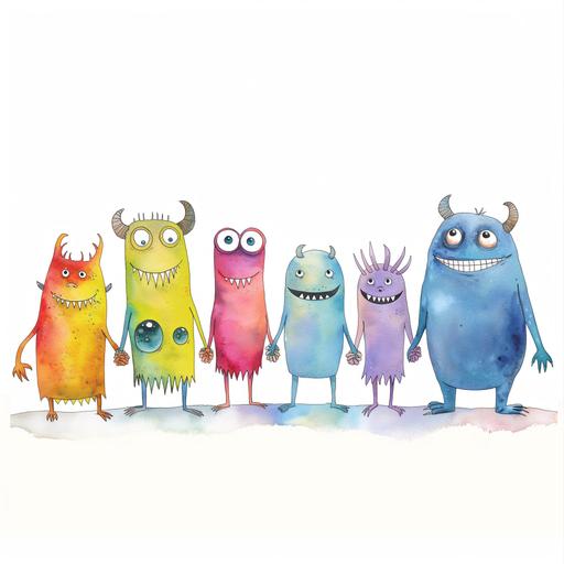 Childrens Watercolor Book with Crazy funny monsters all lined up holding hands on a white background --v 6.0