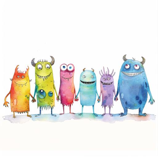 Childrens Watercolor Book with Crazy funny monsters all lined up holding hands on a white background