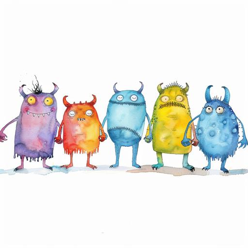 Childrens Watercolor Book with Crazy funny monsters all lined up holding hands on a white background