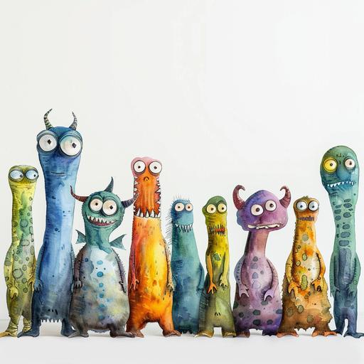 Childrens Watercolor Book with Crazy funny monsters all lined up on a white background