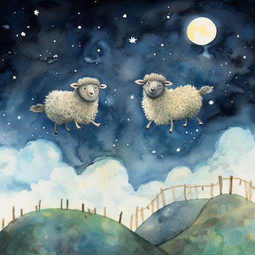 watercolor childrens book. A series of 3 sheep jumping over a moon at night. We see them from a side view