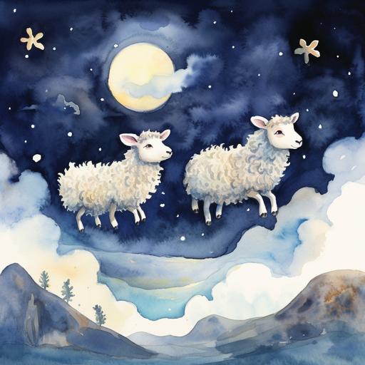 watercolor childrens book. A series of 3 sheep jumping over a moon at night. We see them from a side view