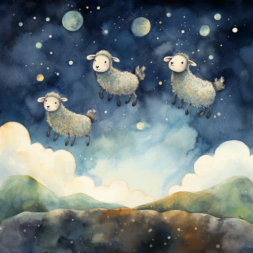 watercolor childrens book. A series of 3 sheep jumping over a moon at night. We see them from a side view