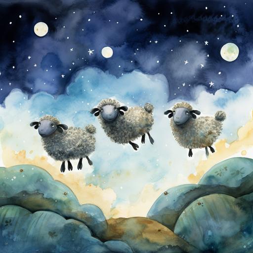 watercolor childrens book. A series of 3 sheep jumping over a moon at night. We see them from a side view