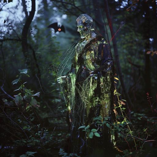 Documentary photography A full-length statue of Count Dracula, made of glowing crystal (reflecting neon light), emerges from the dark and eerie forest. The statue is covered with moss, vines, and cobwebs, but its translucent form shines with a terrible beauty. A red-eyed bat flies in the background. The statue's figure faithfully recreates Count Dracula's legendary appearance, with its ruthless gaze, long, sharp fangs, and deeply shadowed hair, all of which float fantastically in the light. The statue's surface is finely carved in minute detail while maintaining the crystal's transparent texture, captivating the viewer with its beauty and eeriness. Mist drifts around the statue, and light (neon reflections) illuminates the statue's surface, increasing its luminosity. Even in the darkness, the statues exude a powerful presence, giving the illusion that they will continue to shine throughout history. --style raw --v 6.0