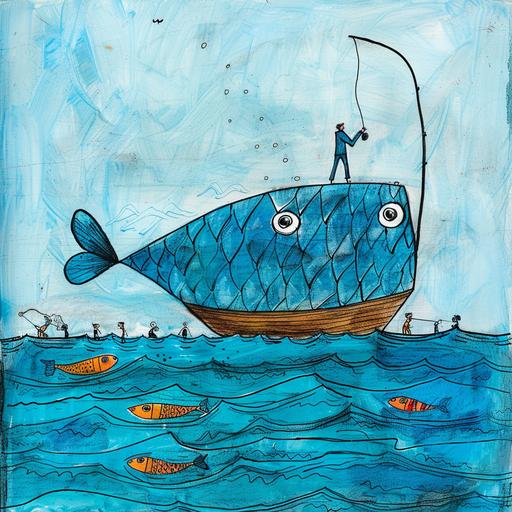 8087_Fish with a fishing rod in a boat in the middle of the ocean, people swim around, children's drawing style --ar 1:1