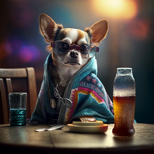 chihuahua dog, wearing a poncho, dark sunglasses, sitting at a table, tequila on the table, bar background, high tetails, ultra realitic, dynamic lighting, cinematic, soft colours