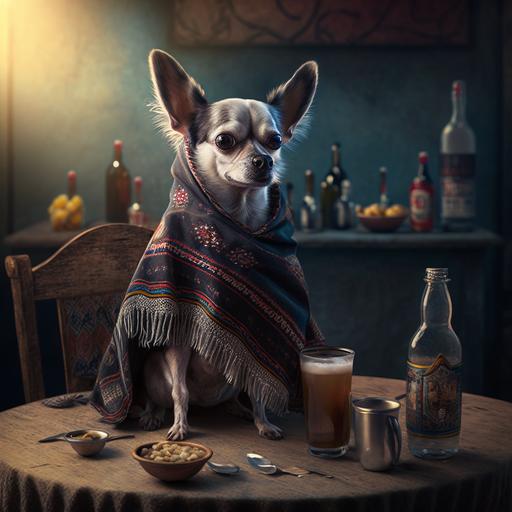 chihuahua dog, wearing a poncho, sitting at a table, drinks on the table, bar background, high tetails, ultra realitic, dynamic lighting, cinematic, soft colours