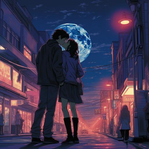 80’s anime still by Mayao Hiyazaki of two anime girls kissing on the street of a dystopian city at night