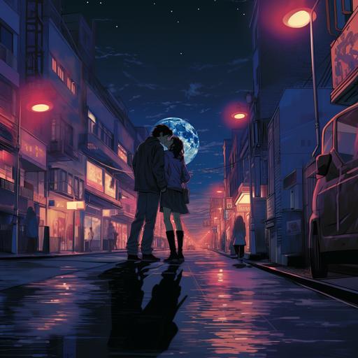 80’s anime still by Mayao Hiyazaki of two anime girls kissing on the street of a dystopian city at night