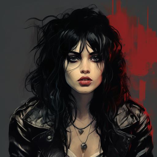 80s grunge, portrait, black hair, female in her twenties, gothic rock, cartoon