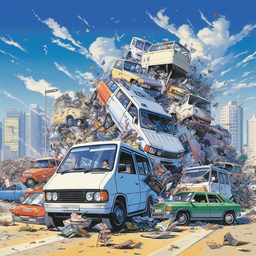 80s japanese anime style of a 13 car pile up on a highway in dubai, all the cars are japanese public buses