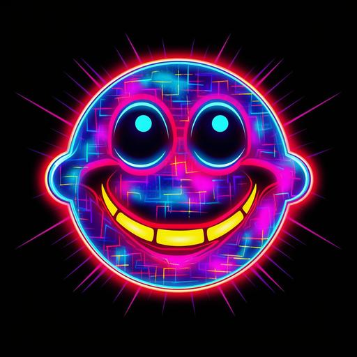 80's retro, cartoon smiley face, X's for eyes and has its tongue sticking out, neon white