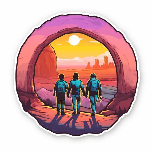 80s sticker of three friends in arches national park pastel rainbow colors on white background