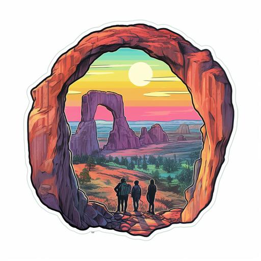 80s sticker of three friends in arches national park pastel rainbow colors on white background