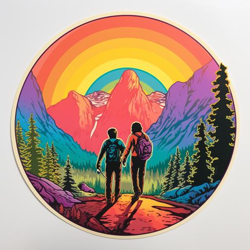 80s sticker of three friends in yellowstone national park pastel rainbow colors on white background