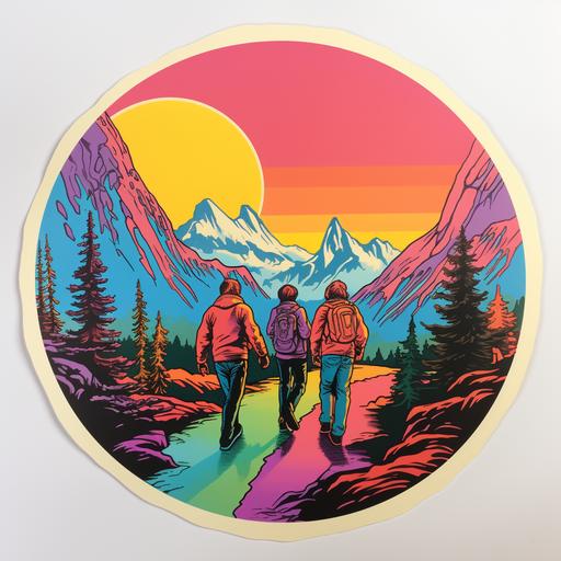 80s sticker of three friends in yellowstone national park pastel rainbow colors on white background