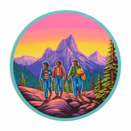 80s sticker of three friends in yellowstone national park pastel rainbow colors on white background