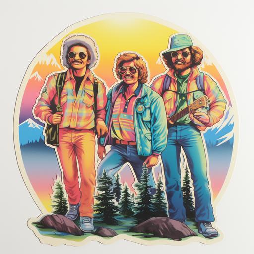 80s sticker of three friends in yellowstone national park pastel rainbow colors on white background