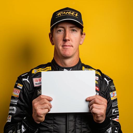 NASCAR driver Kyle Busch wearing a black cap, facing camera, holding a white blank sign, on dramatic yellow background