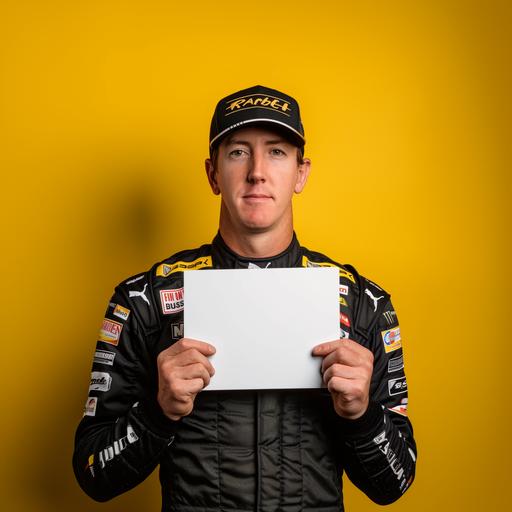 NASCAR driver Kyle Busch wearing a black cap, facing camera, holding a white blank sign, on dramatic yellow background --v 6.0