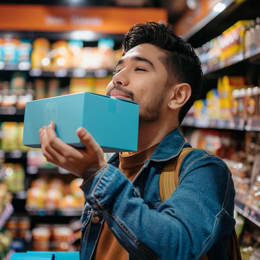 a man holding a blue rectangle box in a grocery store, his nose is touching the box and he is smelling it, he is happy and enjoys the scent of the box