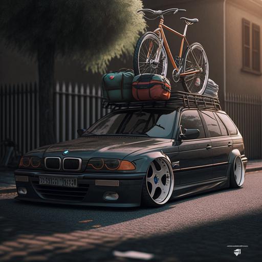 bmw e46 touring with bike on the roof