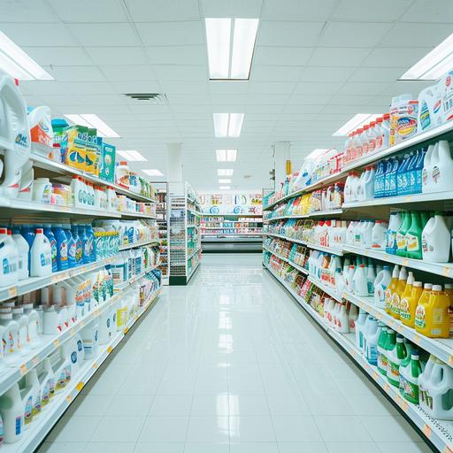 looking down a brightly lit grocery store aisle, the aisle is very short and stops at a blank white wall, the aisle is in the cleaning supply department