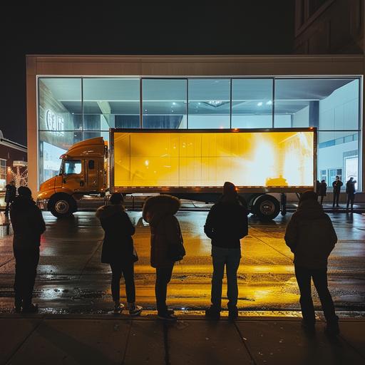 side view of a yellow flat bed semi-truck with a giat digital billboard on the back, parked outside of a building at night, people gaathered around looking at it