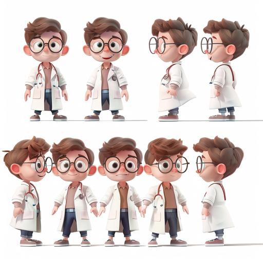 Create a character in various positions and expressions, for a children's story. Character characteristics. boy, beautiful, light white skin, very light brown straight hair, small eyes, with glasses, dressed as a veterinarian. Place the character on a white background in various positions and expressions. ,disney style, chibi, full body, cute, smiling, unreal engine, detailed, ultra high definition, 8k