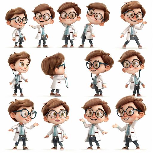 Create a character in various positions and expressions, for a children's story. Character characteristics. boy, age 8, beautiful, light white skin, very light brown straight hair, small eyes, with glasses, dressed as a veterinarian. Place the character on a white background in various positions and expressions. ,disney style, chibi, full body, cute, smiling, unreal engine, detailed, ultra high definition, 8k